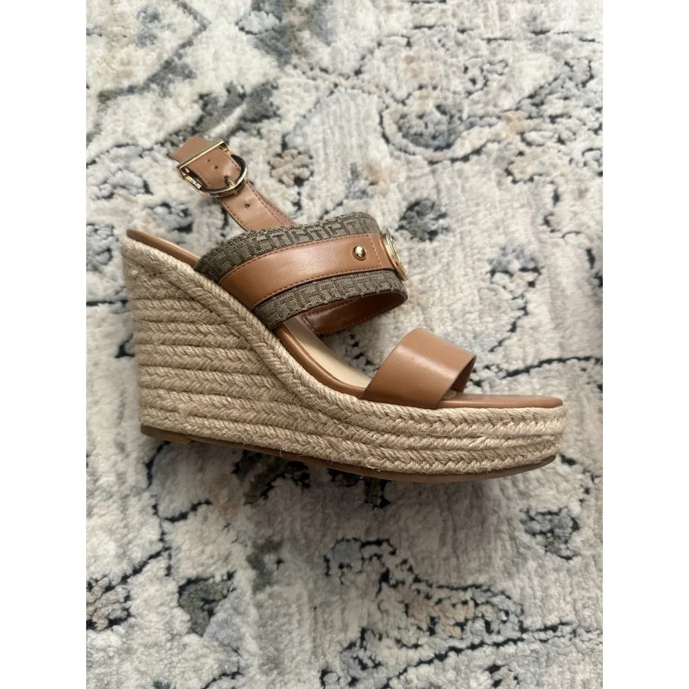 Tommy Hilfiger Espadrille Wedge Sandals 6.5 Brown Logo  Platform Ankle Strap